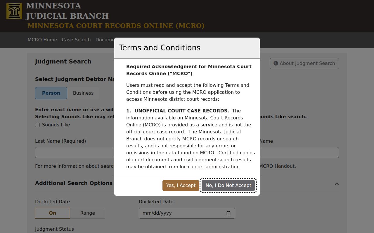 Mahnomen County docket search MCRO Judgment Search controls