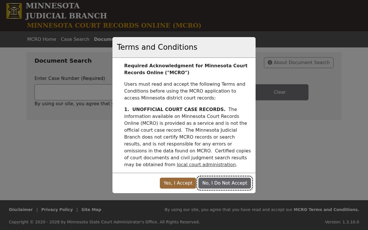 Mahnomen County civil court docket MCRO document search field