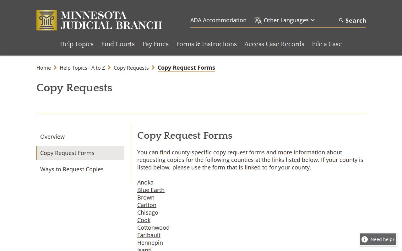 Mahnomen County court record copy request forms directory