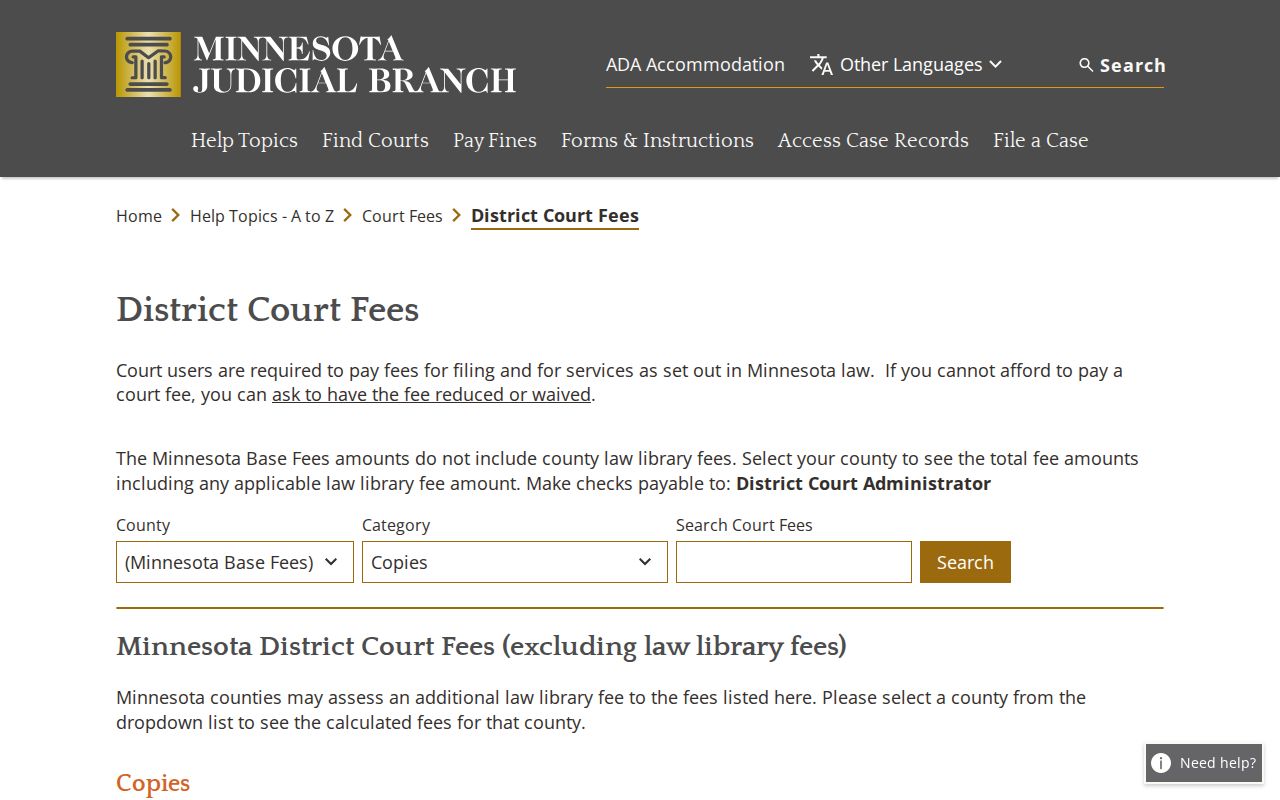 Mahnomen County court record copy fee schedule