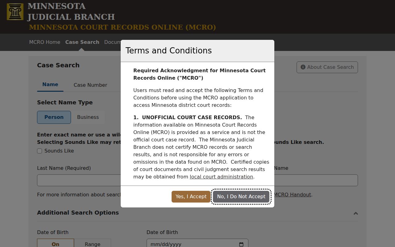 Mahnomen County criminal court docket MCRO case search controls