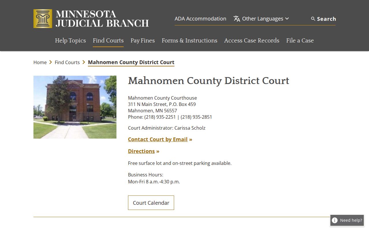 Mahnomen County court calendar and docket information on the official court page
