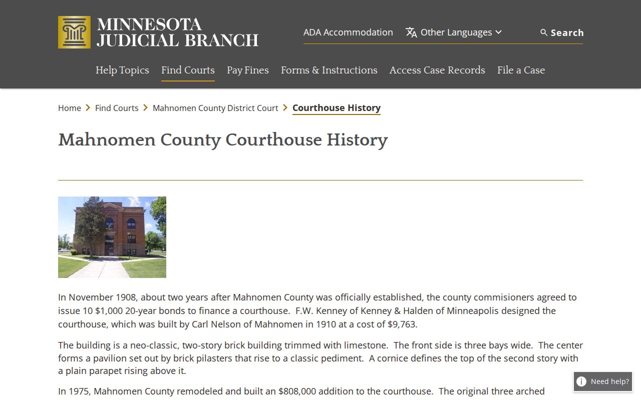 Mahnomen County court docket records and official courthouse history