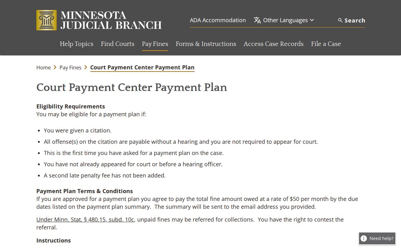 Mahnomen County traffic court payment plan request information